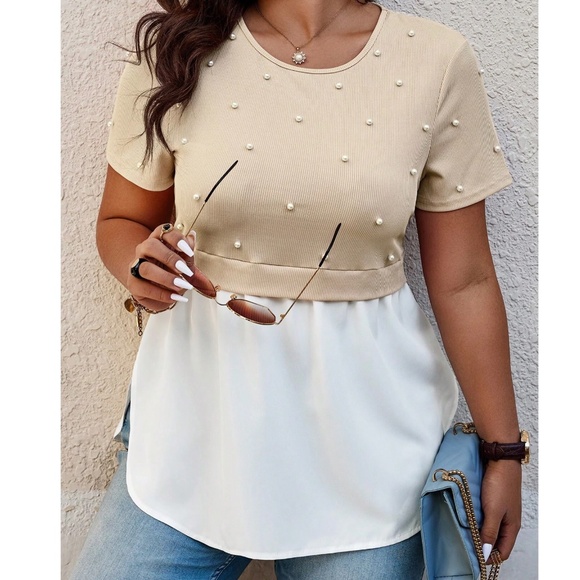 Plus 2 in 1 Color Block Faux Pearl Blouse